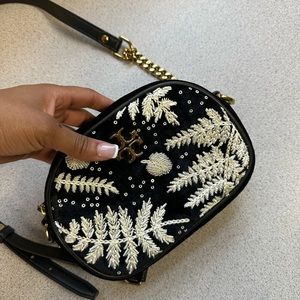 Tory Burch Black Kira Embroidered Velvet Small Camera Bag